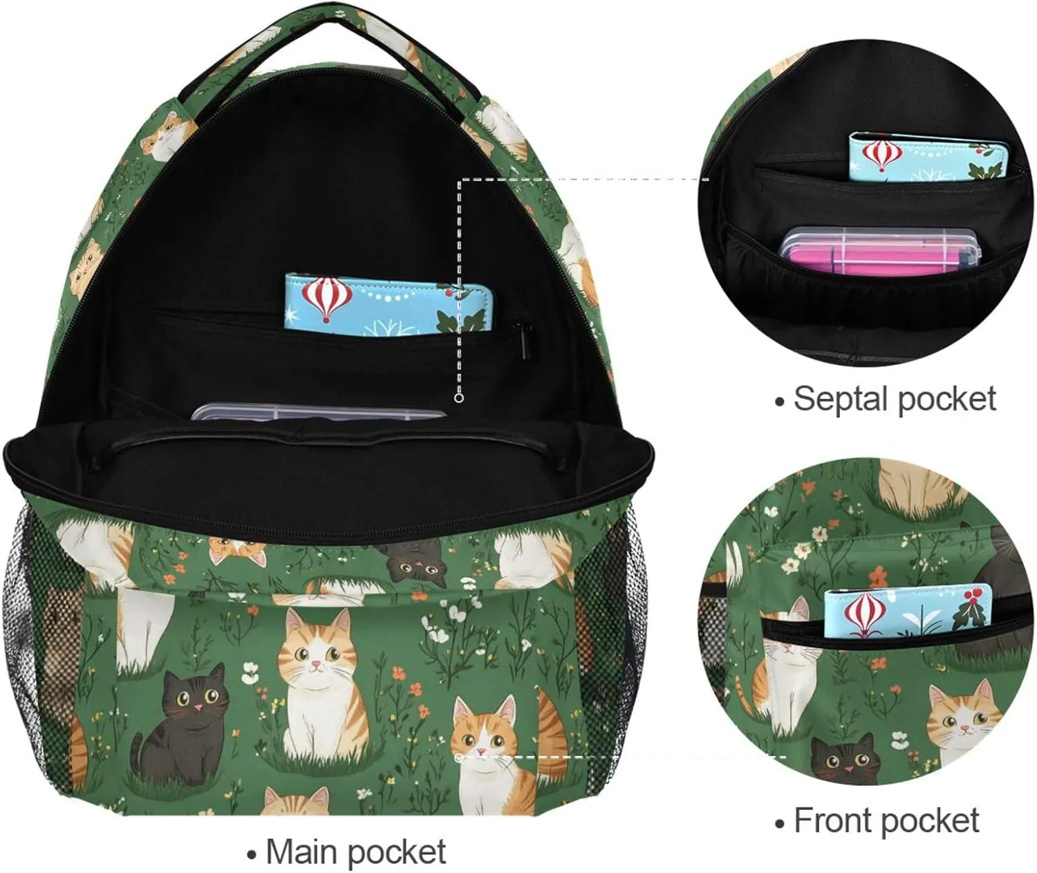 Laptop Backpack for Women Men Fashion Diaper Bag Backpack with Chest Strap for Travel Trip Cartoon Cute Cat Green
