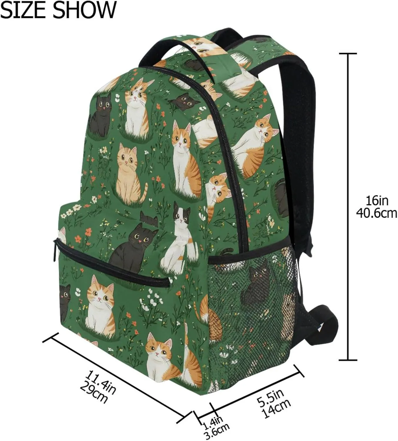 Laptop Backpack for Women Men Fashion Diaper Bag Backpack with Chest Strap for Travel Trip Cartoon Cute Cat Green