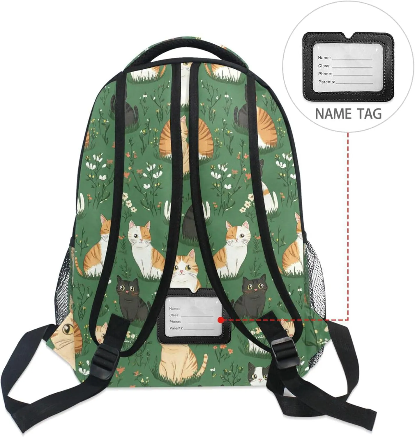 Laptop Backpack for Women Men Fashion Diaper Bag Backpack with Chest Strap for Travel Trip Cartoon Cute Cat Green