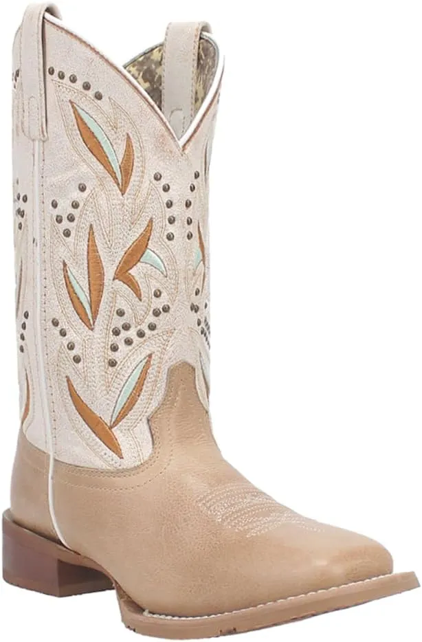 Laredo Womens Lydia Embroidered Studded Square Toe Casual Boots Mid Calf Low Heel 1-2" - Beige