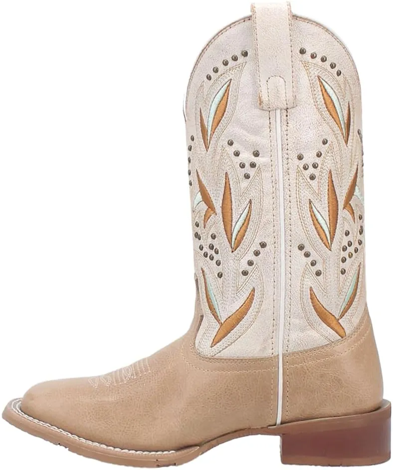 Laredo Womens Lydia Embroidered Studded Square Toe Casual Boots Mid Calf Low Heel 1-2" - Beige
