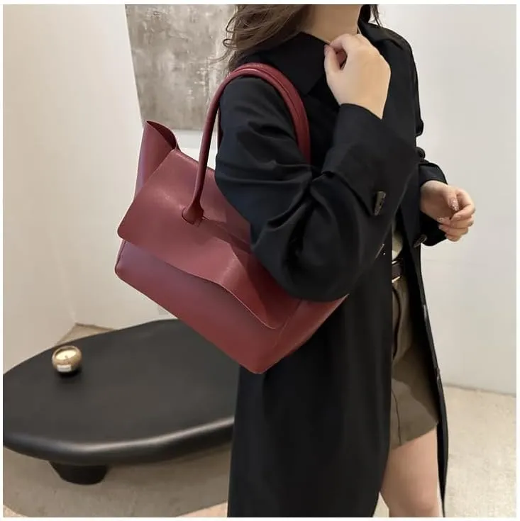 Large Capacity Burgundy PU Leather Tote Bag, Fashion Shoulder Handbag for Women, Minimalist Design
