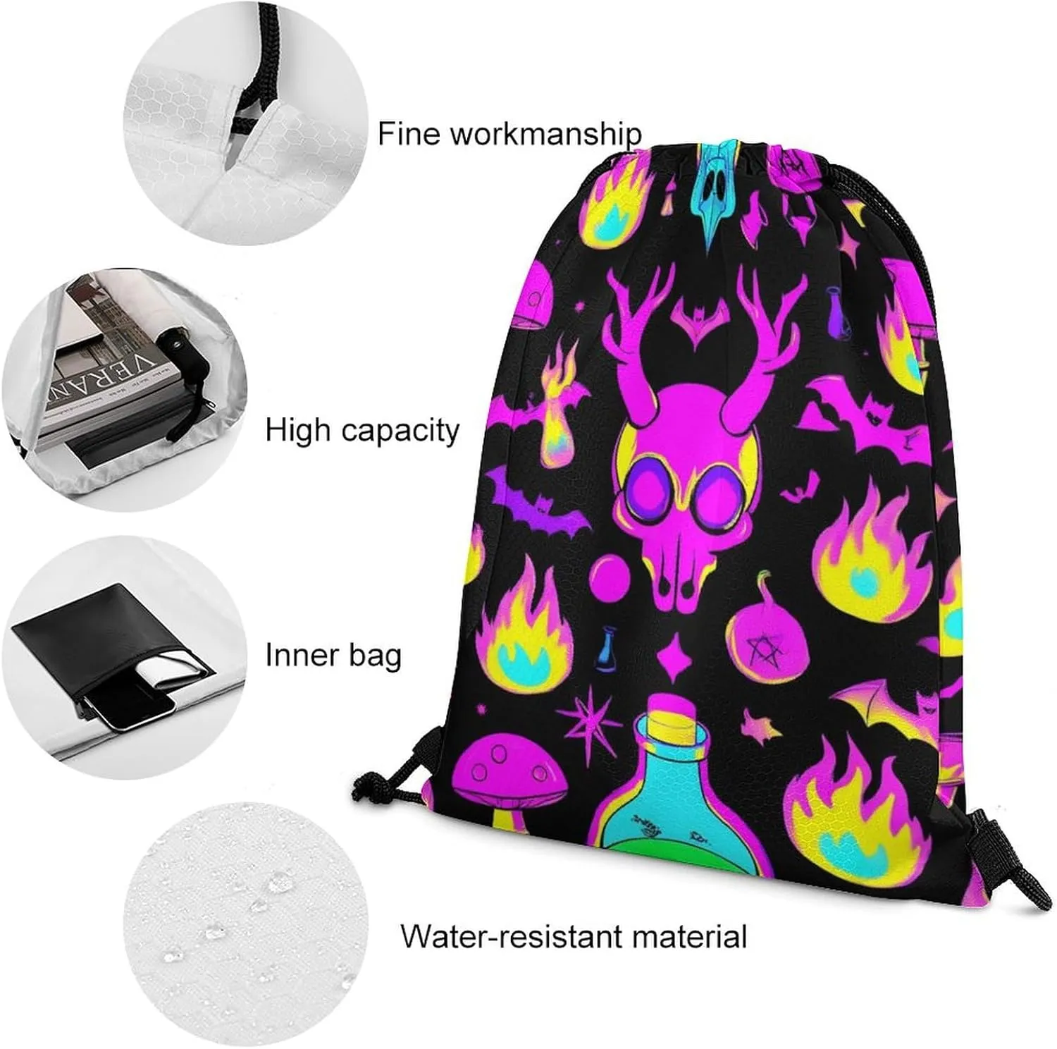 Large Capacity Goth Gothic Skull Mushroom Magic Witch Witchy Drawstring Bag, Adults Lightweight Durable Sackpack Bags Shopping Storage Pouch for Hiking, Cycling, Travel