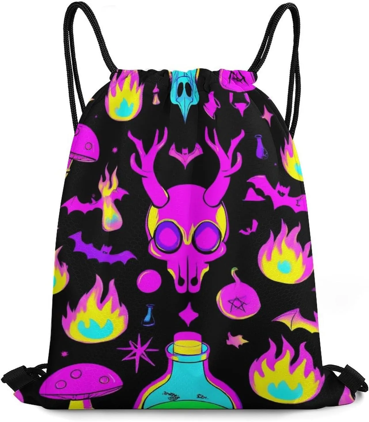 Large Capacity Goth Gothic Skull Mushroom Magic Witch Witchy Drawstring Bag, Adults Lightweight Durable Sackpack Bags Shopping Storage Pouch for Hiking, Cycling, Travel