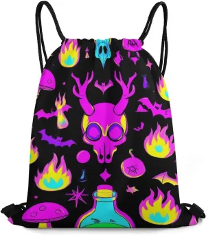 Large Capacity Goth Gothic Skull Mushroom Magic Witch Witchy Drawstring Bag, Adults Lightweight Durable Sackpack Bags Shopping Storage Pouch for Hiking, Cycling, Travel