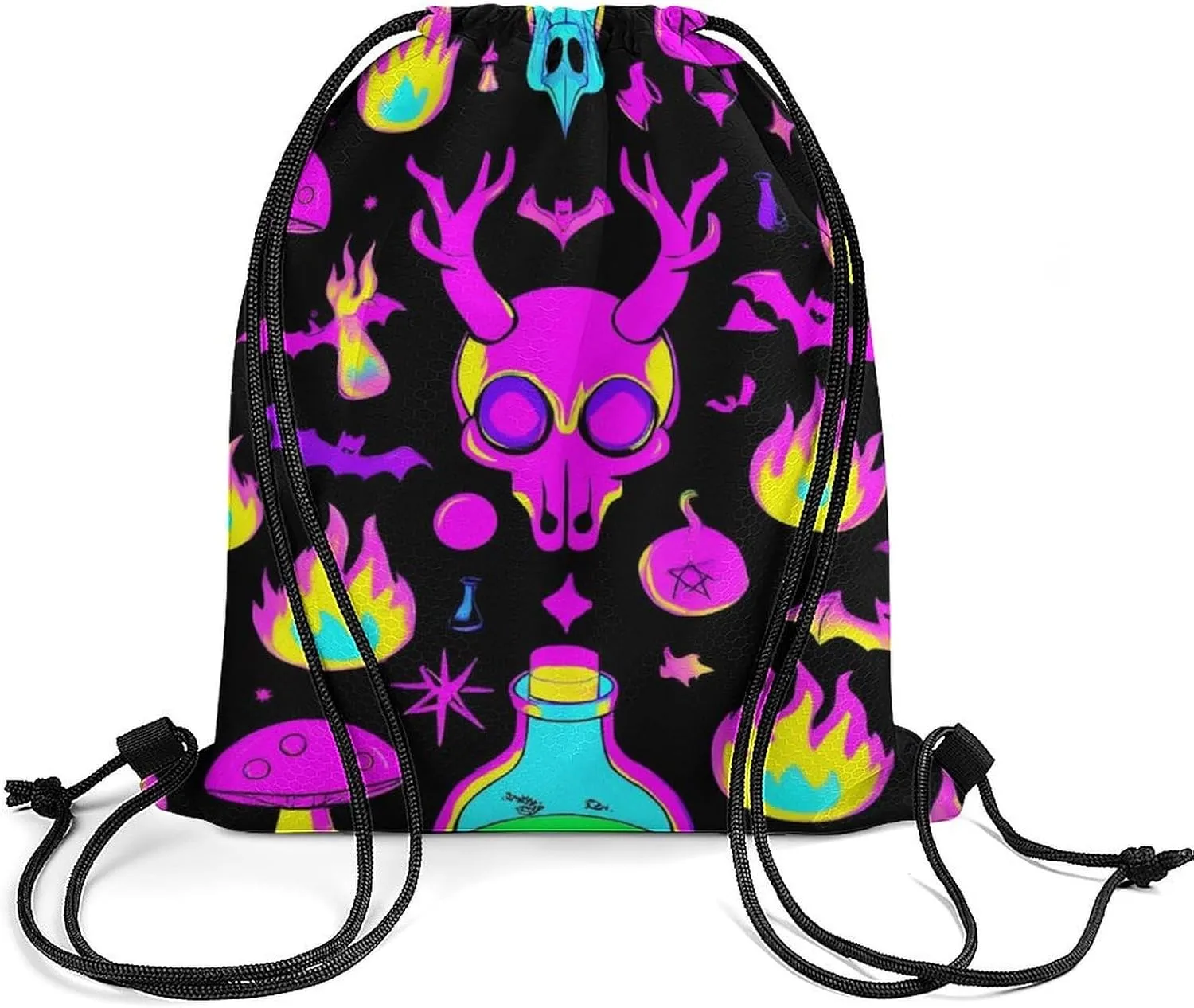 Large Capacity Goth Gothic Skull Mushroom Magic Witch Witchy Drawstring Bag, Adults Lightweight Durable Sackpack Bags Shopping Storage Pouch for Hiking, Cycling, Travel