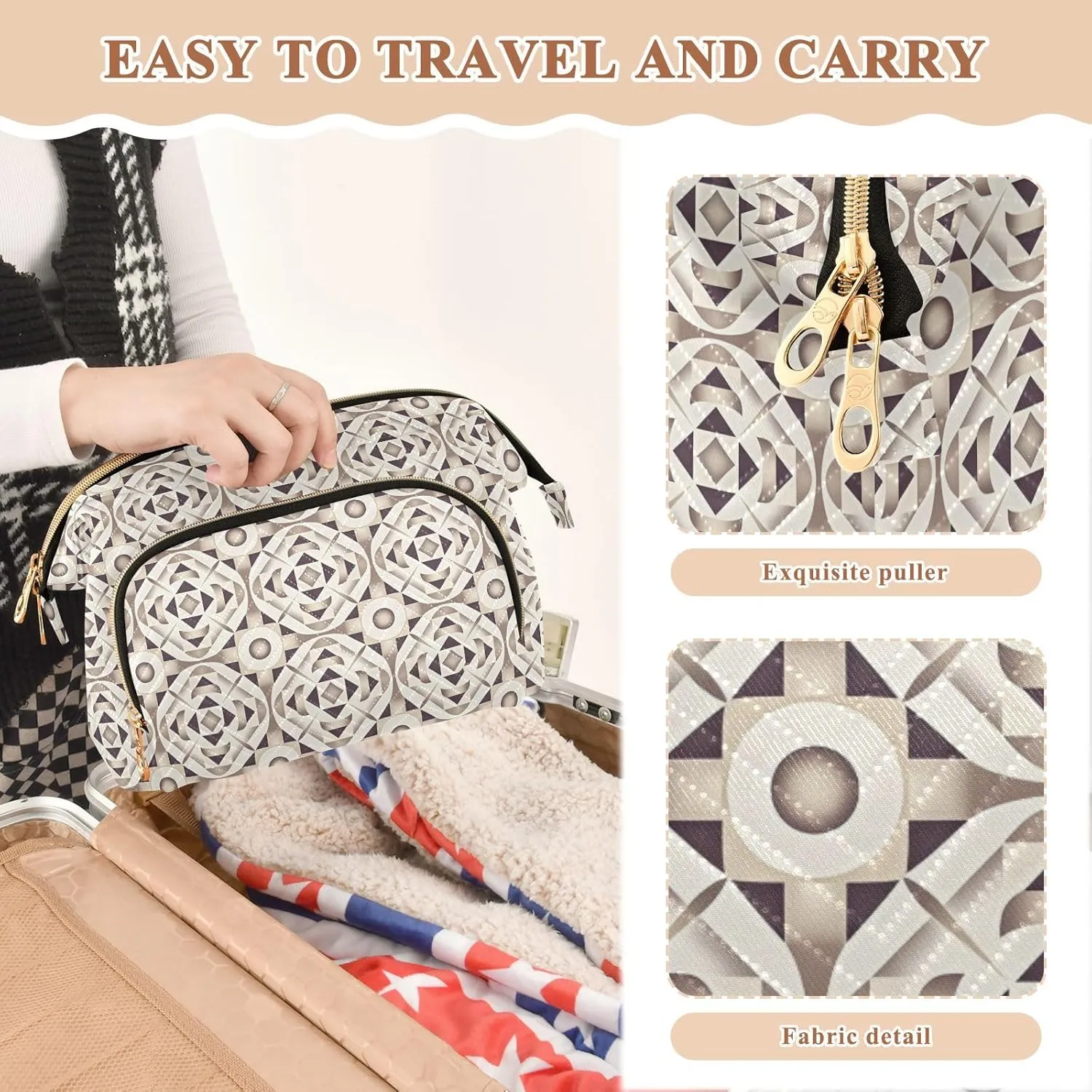 Large Quilted Makeup Organizer Travel Bag with Rectangular Padded Design