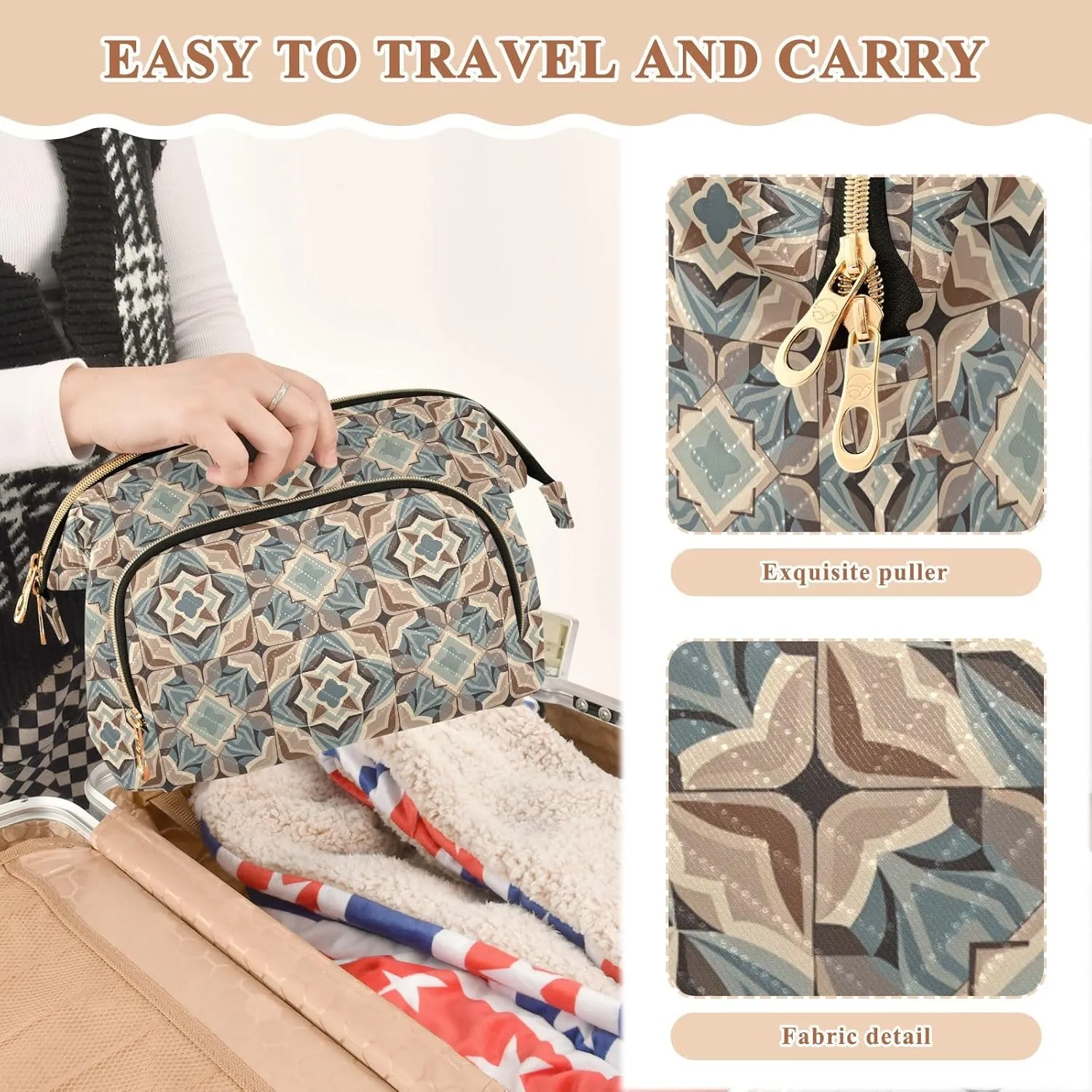 Large Quilted Makeup Organizer Travel Bag with Rectangular Padded Design