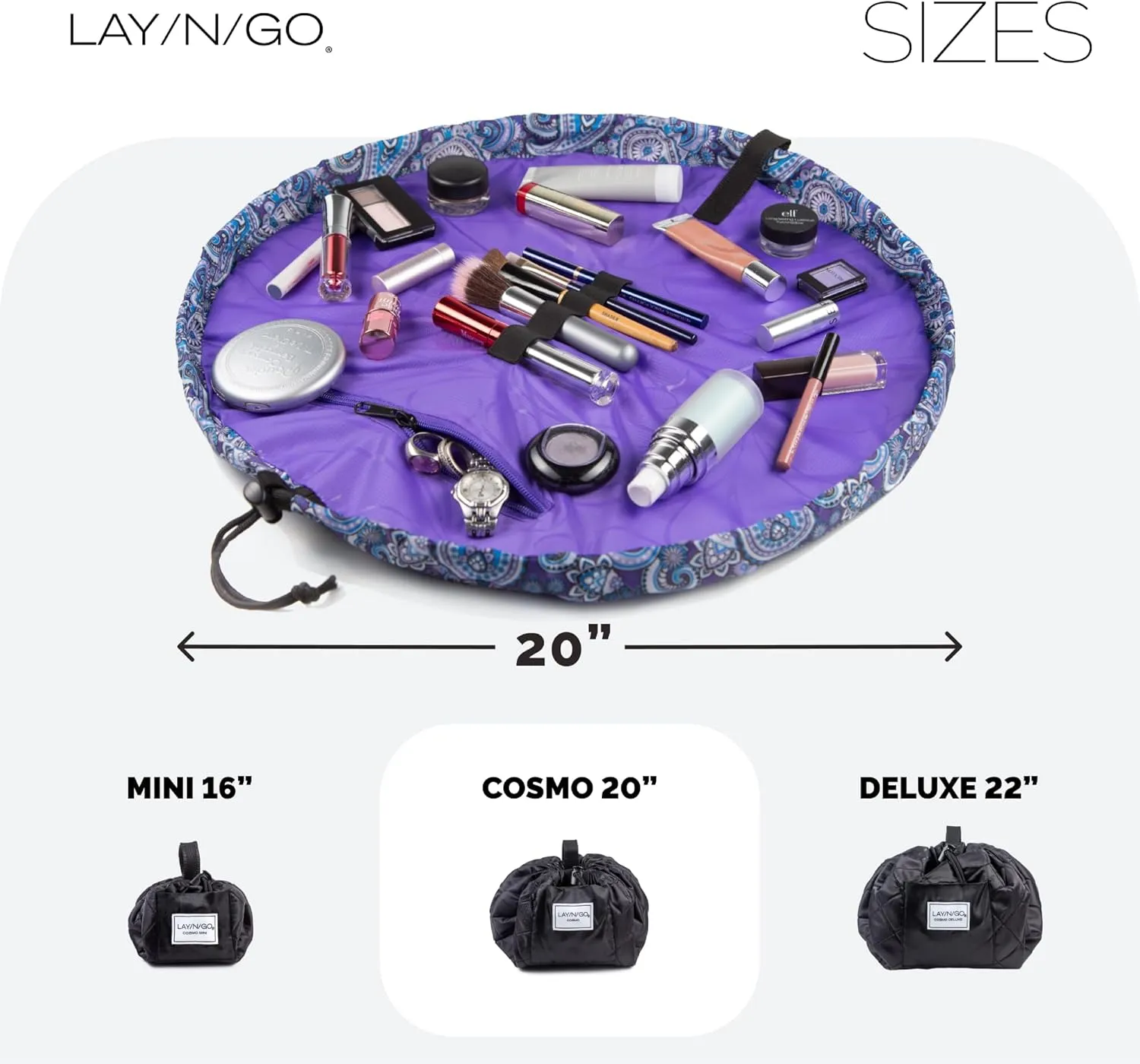 Lay-n-Go Cosmo Drawstring Cosmetic & Makeup Bag Organizer - Portable Drawstring Makeup Bag w/Zipper Pocket, Makeup Loops & More - Durable, Machine Washable Toiletry Bag (20", Purple Paisley)