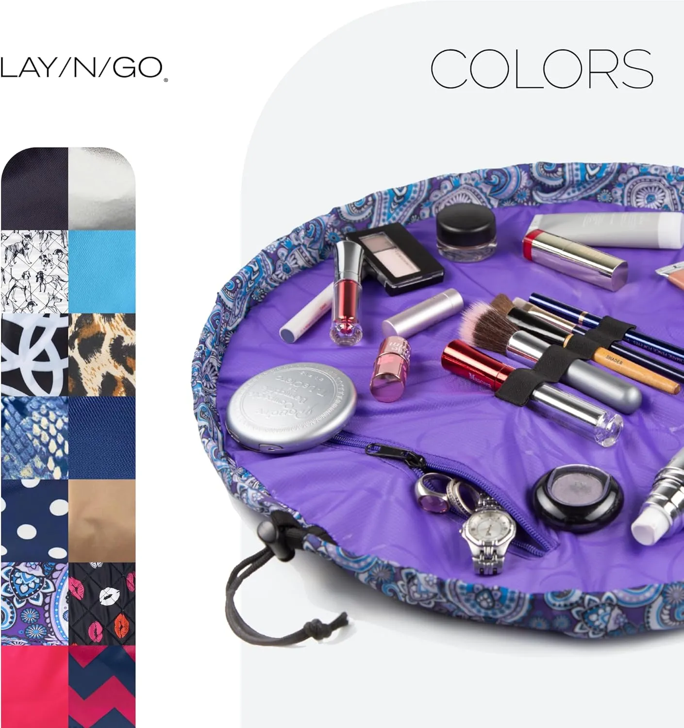 Lay-n-Go Cosmo Drawstring Cosmetic & Makeup Bag Organizer - Portable Drawstring Makeup Bag w/Zipper Pocket, Makeup Loops & More - Durable, Machine Washable Toiletry Bag (20", Purple Paisley)