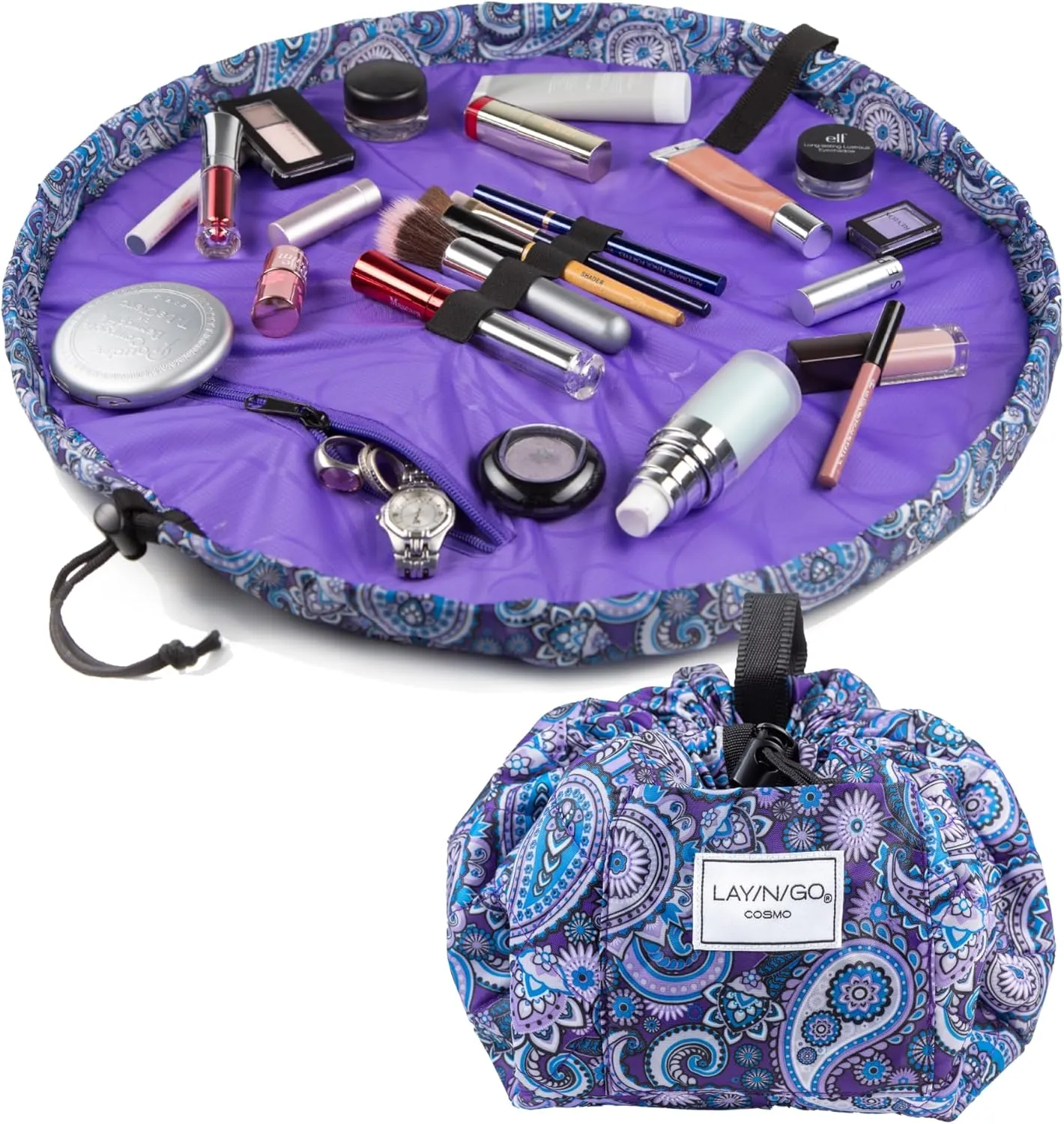 Lay-n-Go Cosmo Drawstring Cosmetic & Makeup Bag Organizer - Portable Drawstring Makeup Bag w/Zipper Pocket, Makeup Loops & More - Durable, Machine Washable Toiletry Bag (20", Purple Paisley)