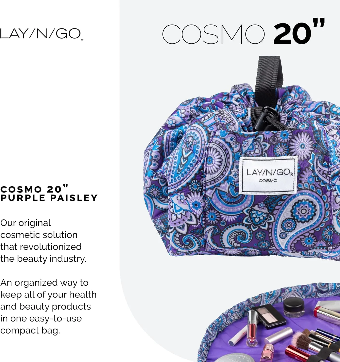 Lay-n-Go Cosmo Drawstring Cosmetic & Makeup Bag Organizer - Portable Drawstring Makeup Bag w/Zipper Pocket, Makeup Loops & More - Durable, Machine Washable Toiletry Bag (20", Purple Paisley)