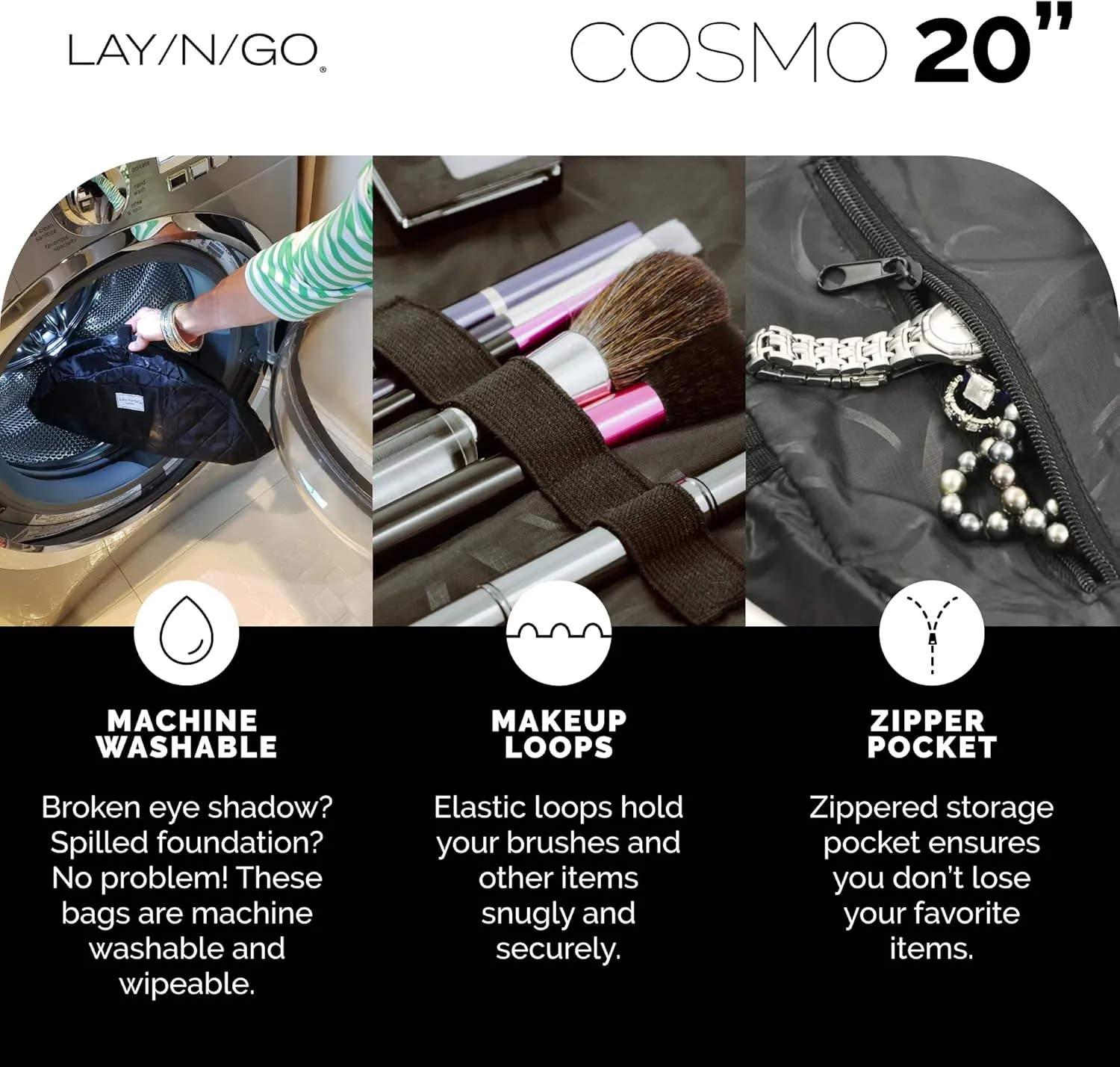 Lay-n-Go Cosmo Drawstring Cosmetic & Makeup Bag Organizer - Portable Drawstring Makeup Bag w/Zipper Pocket, Makeup Loops & More - Durable, Machine Washable Toiletry Bag (20", Purple Paisley)