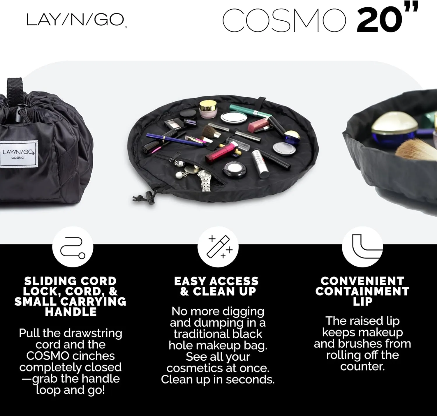 Lay-n-Go Cosmo Drawstring Cosmetic & Makeup Bag Organizer - Portable Drawstring Makeup Bag w/Zipper Pocket, Makeup Loops & More - Durable, Machine Washable Toiletry Bag (20", Purple Paisley)