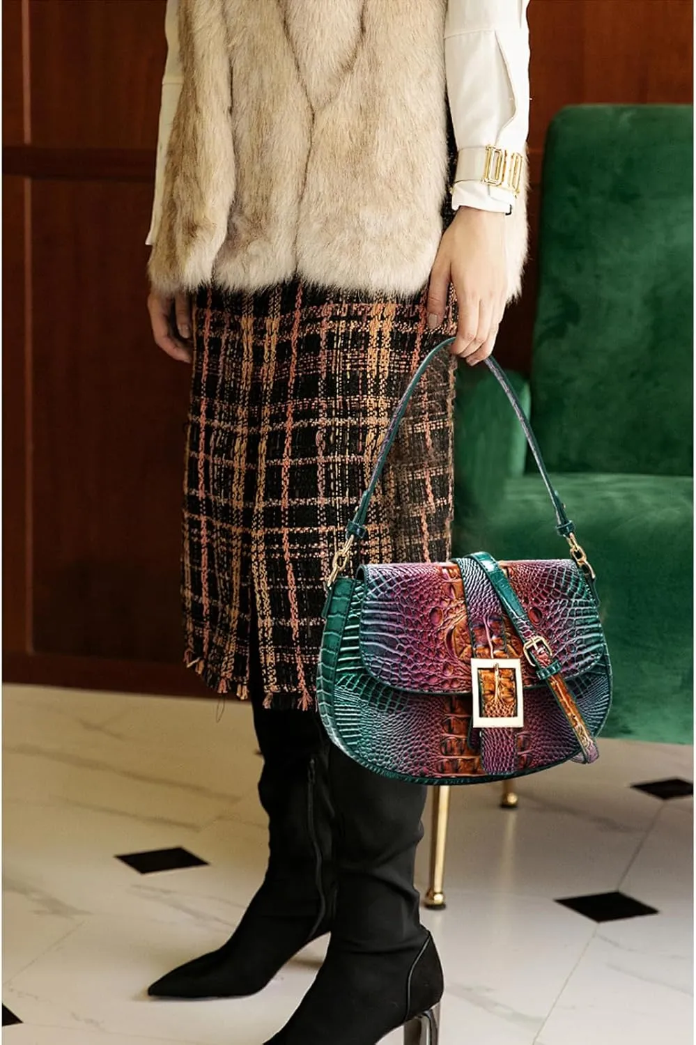 Leather Bags for Women Luxury Handbag Flap Purse Crocodile Pattern Crossbody Ladies Gradient Color Shoulder Bag