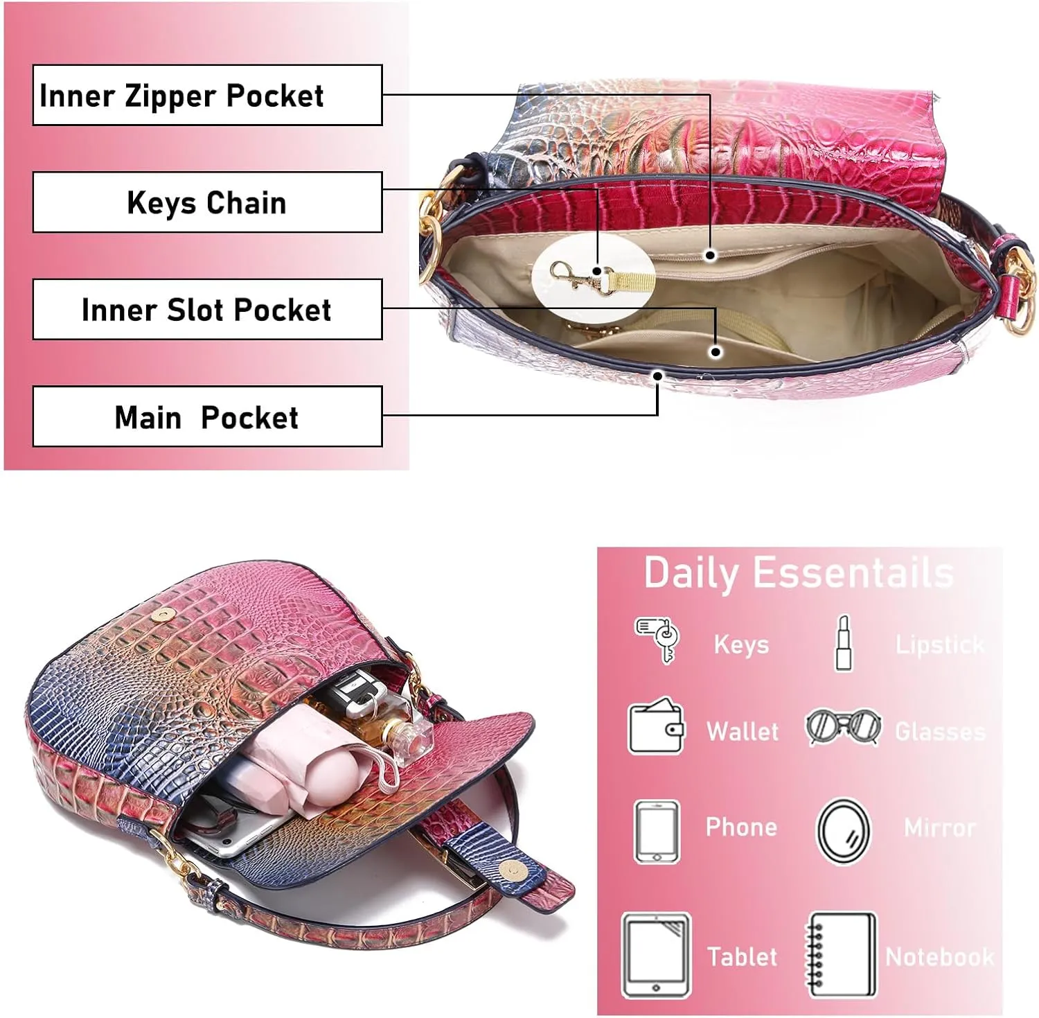 Leather Bags for Women Luxury Handbag Flap Purse Crocodile Pattern Crossbody Ladies Gradient Color Shoulder Bag