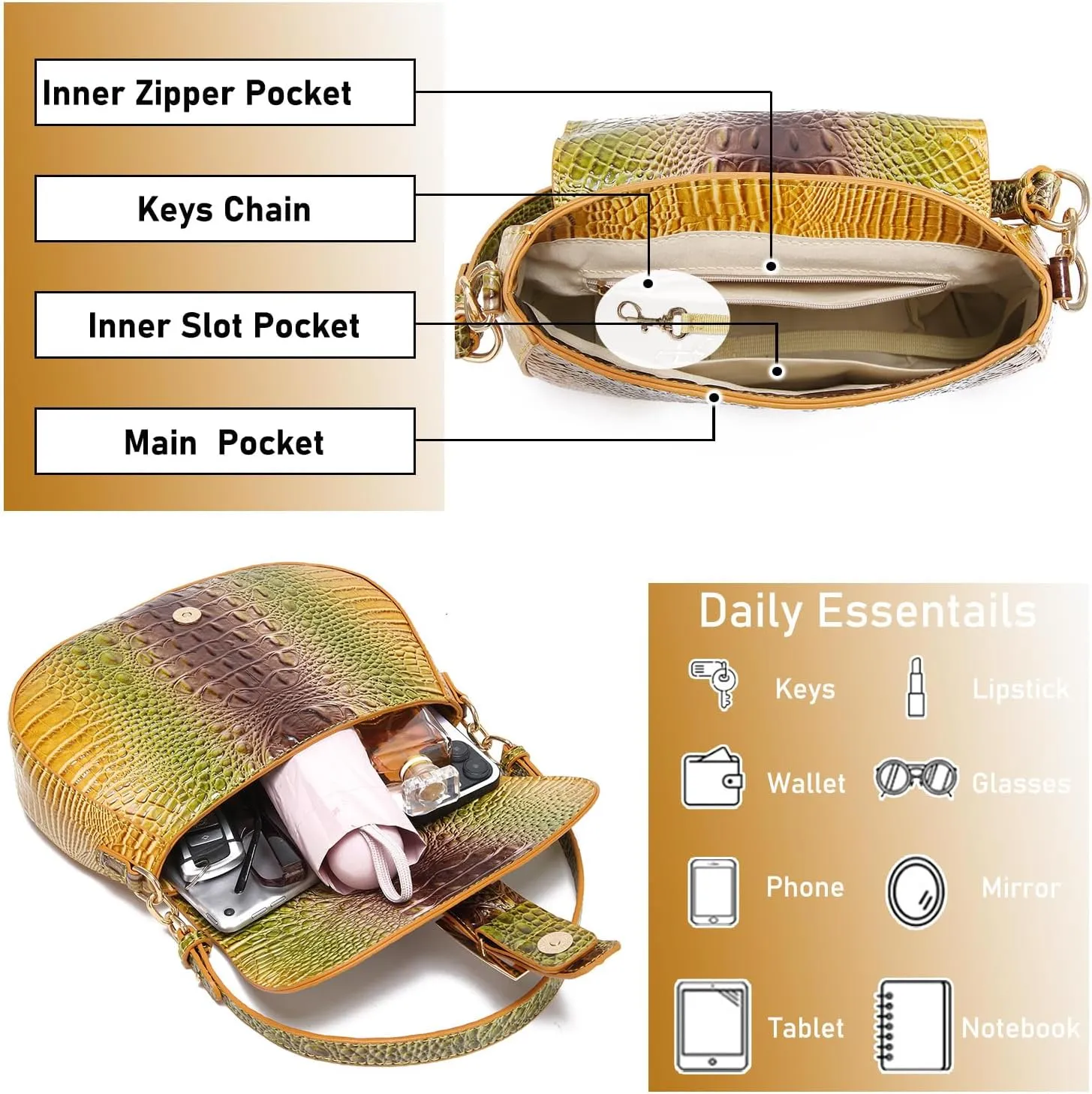 Leather Bags for Women Luxury Handbag Flap Purse Crocodile Pattern Crossbody Ladies Gradient Color Shoulder Bag
