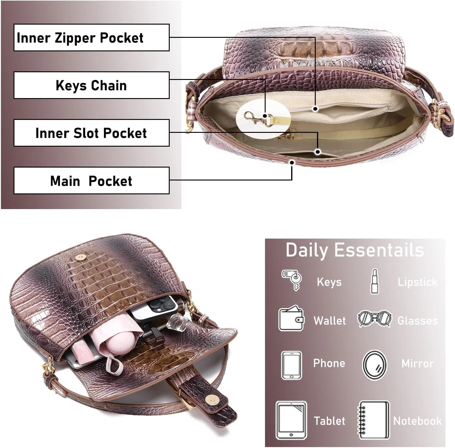 Leather Bags for Women Luxury Handbag Flap Purse Crocodile Pattern Crossbody Ladies Gradient Color Shoulder Bag