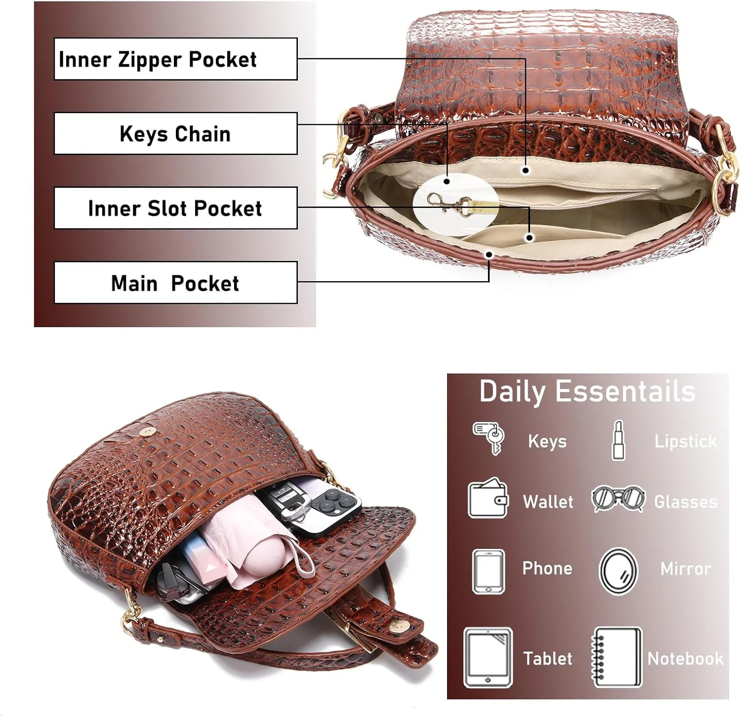 Leather Bags for Women Luxury Handbag Flap Purse Crocodile Pattern Crossbody Ladies Gradient Color Shoulder Bag