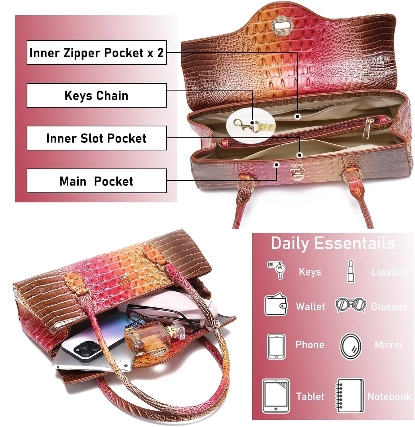 Leather Crocodile Pattern Top Handle Handbag for Women High-value Satchel Tote Purse for Ladies