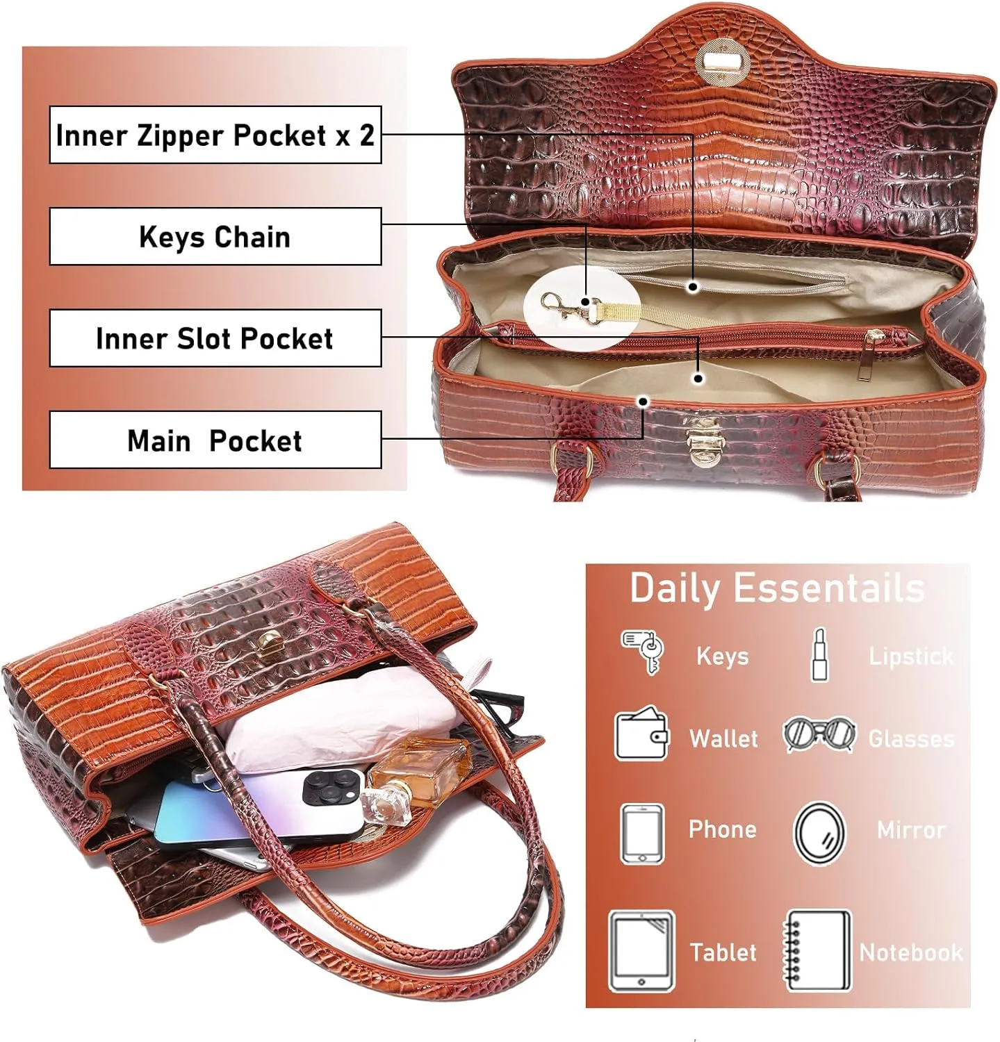 Leather Crocodile Pattern Top Handle Handbag for Women High-value Satchel Tote Purse for Ladies