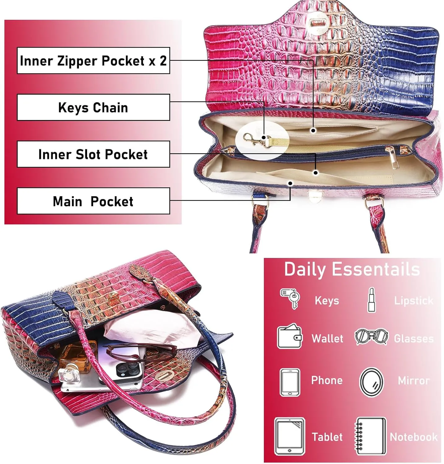 Leather Crocodile Pattern Top Handle Handbag for Women High-value Satchel Tote Purse for Ladies