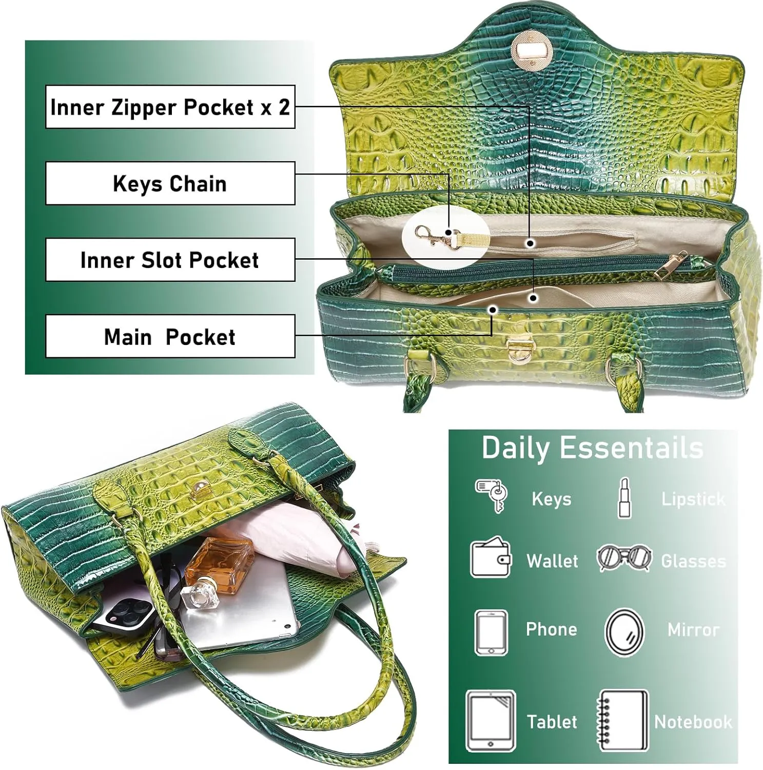 Leather Crocodile Pattern Top Handle Handbag for Women High-value Satchel Tote Purse for Ladies