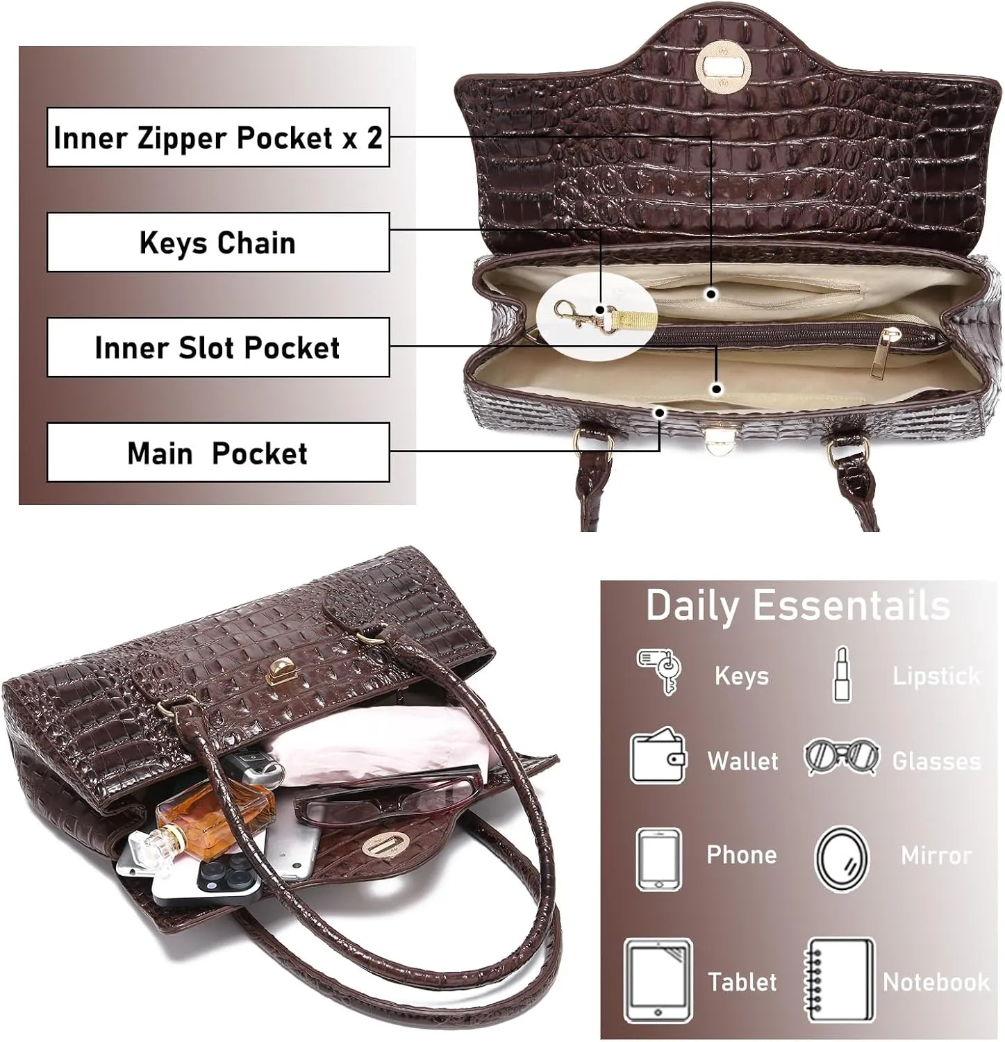 Leather Crocodile Pattern Top Handle Handbag for Women High-value Satchel Tote Purse for Ladies