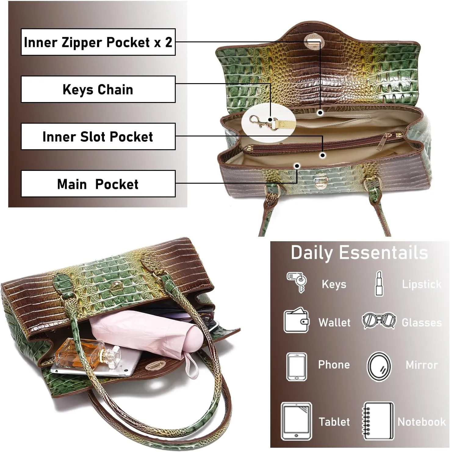 Leather Crocodile Pattern Top Handle Handbag for Women High-value Satchel Tote Purse for Ladies