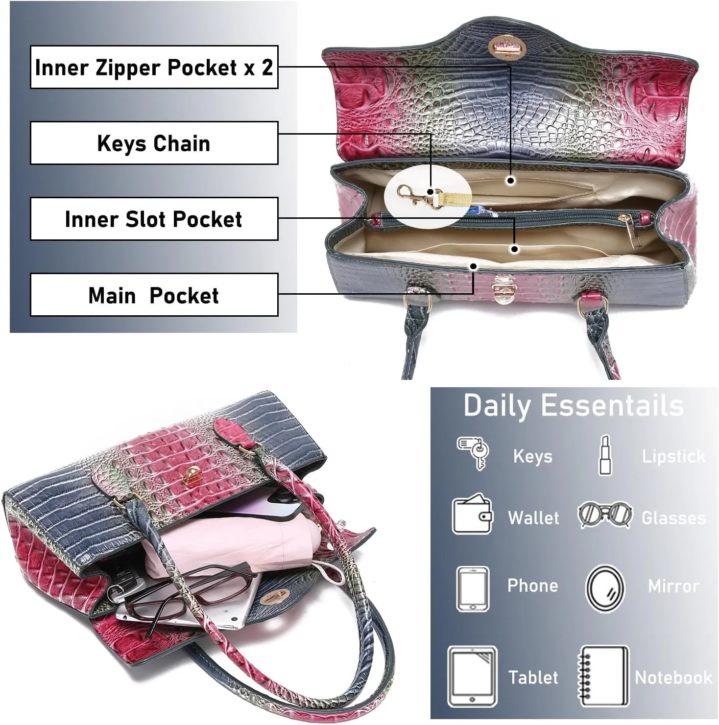 Leather Crocodile Pattern Top Handle Handbag for Women High-value Satchel Tote Purse for Ladies
