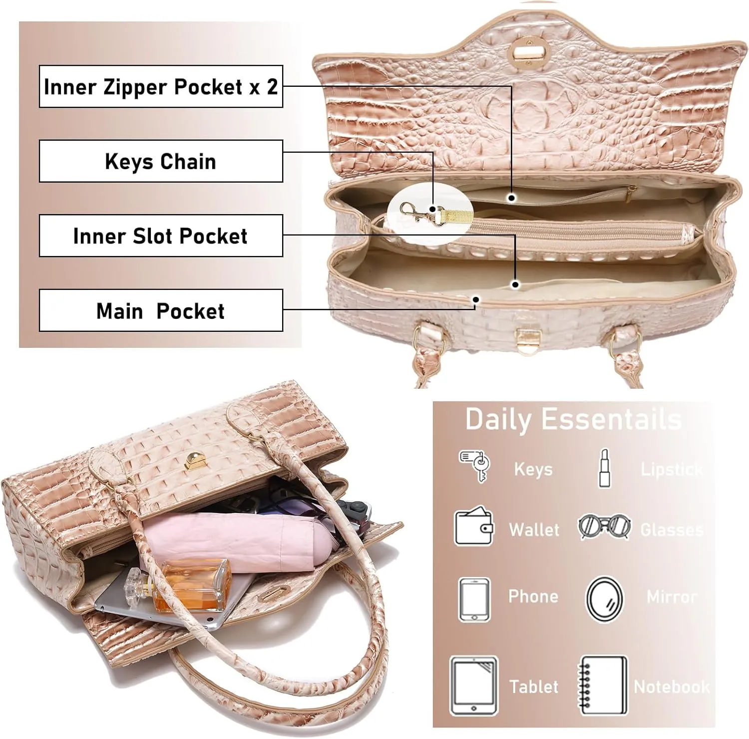 Leather Crocodile Pattern Top Handle Handbag for Women High-value Satchel Tote Purse for Ladies