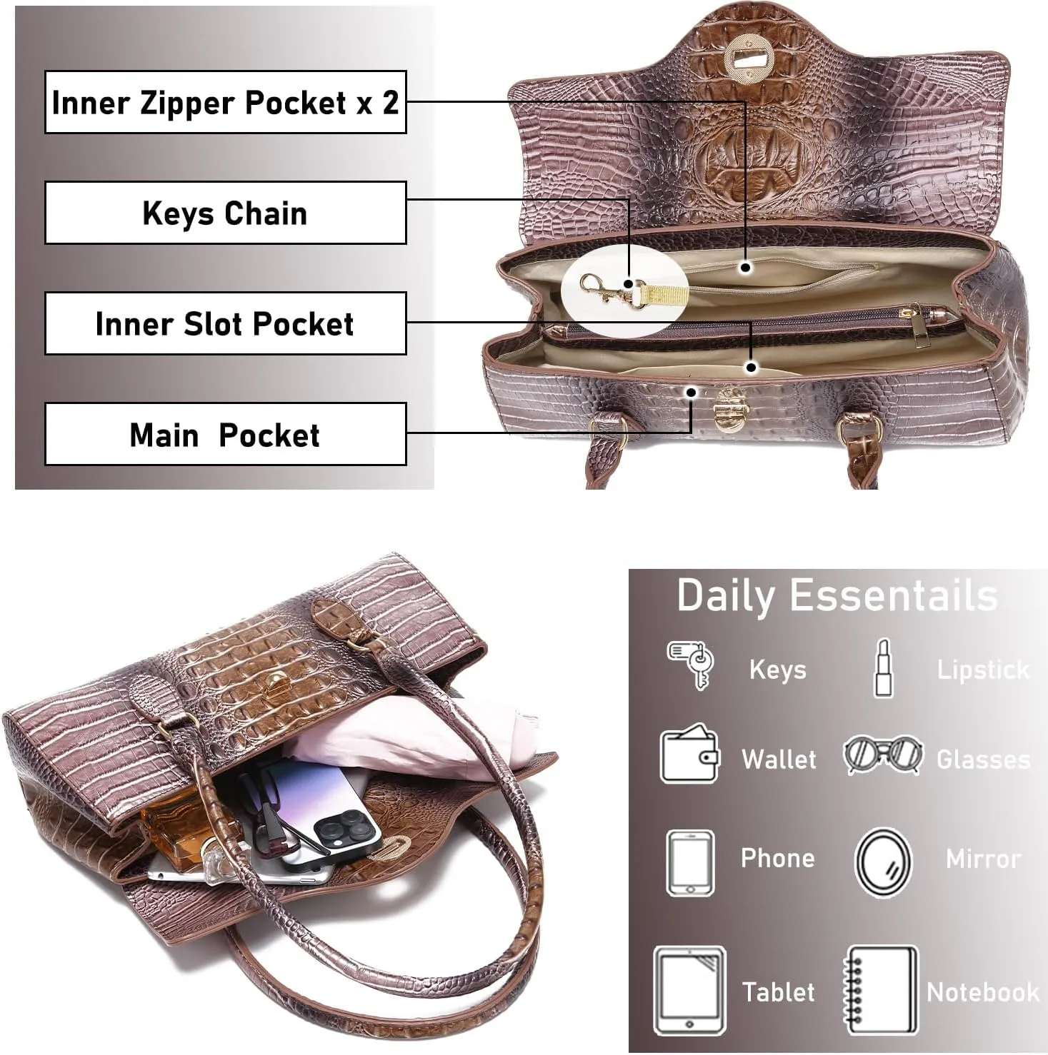 Leather Crocodile Pattern Top Handle Handbag for Women High-value Satchel Tote Purse for Ladies