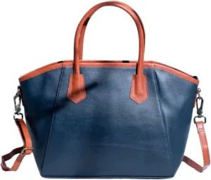 Leather Handbag, Navy Blue with Brown Trim, 15.5 x 10 x 4 inches, Handcrafted with Double Handles
