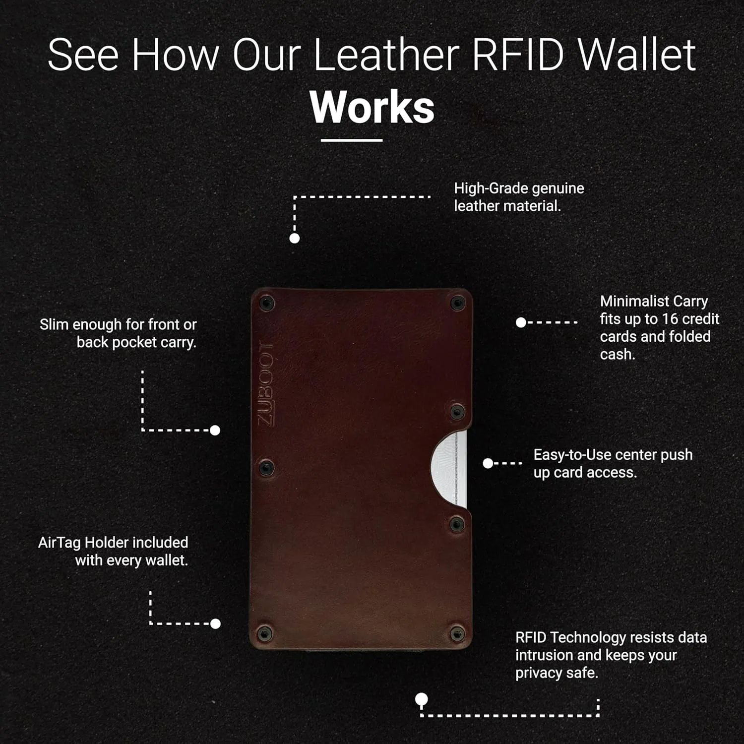 Leather RFID Wallet for Men – Slim Front Pocket Card Holder with Cash Strap – Soft Brown Leather, RFID-Blocking, Holds 16 Cards and Folded Bills (Brown Leather, Cash Strap)