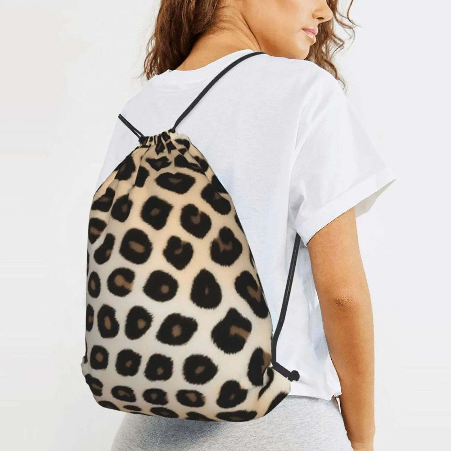 Leopard Print Print Drawstring Cinch Backpack Polyester Sack Pack String Bag For Hiking Camping Adventure