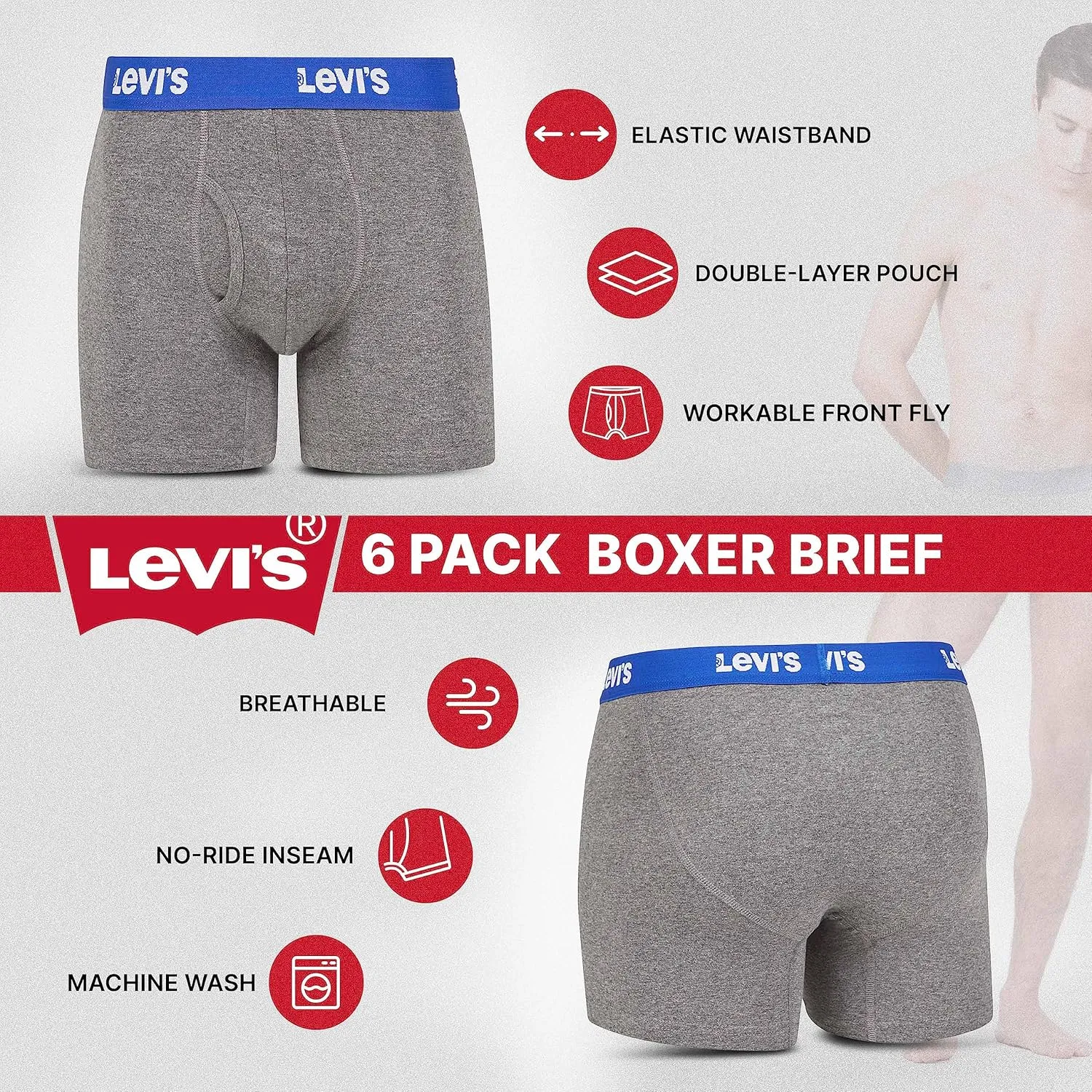 Levi's Mens Boxer Briefs Breathable Cotton Underwear for Men Pack of 6