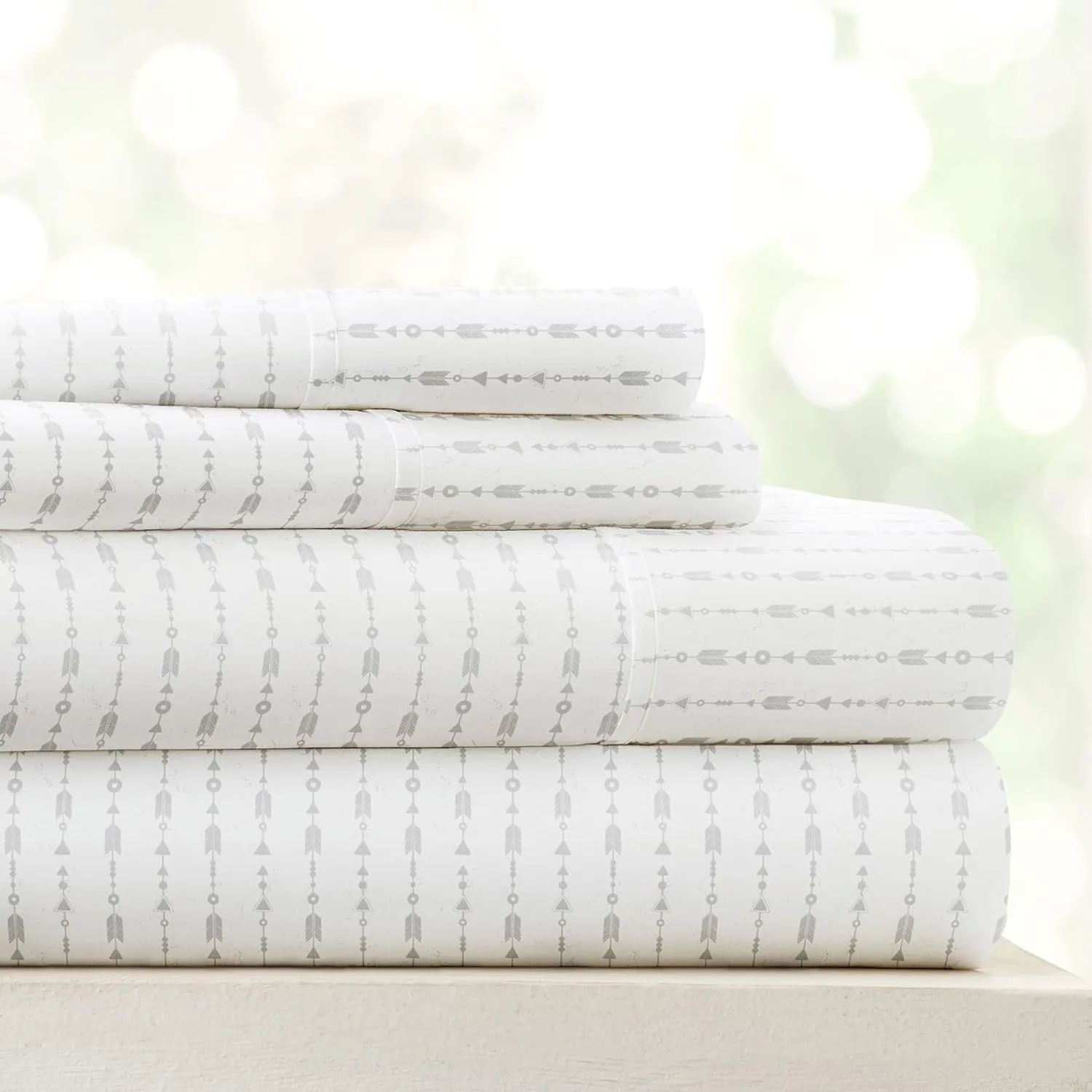 Linen Market Double-Brushed Patterned Microfiber Queen Sheet Set 4 Piece – Oeko-TEX Certified Ultra Soft & Wrinkle-Free - 16" Deep Pocket Sheets - Easy Care Queen Size - Beaded Arrows Light Gray