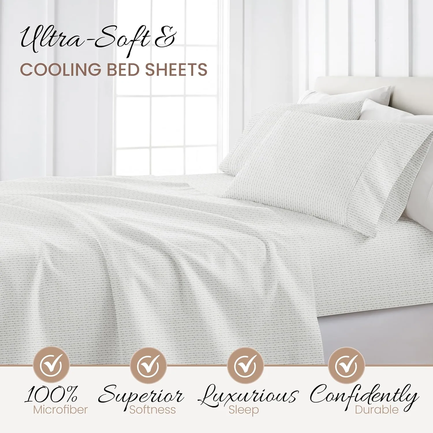 Linen Market Double-Brushed Patterned Microfiber Queen Sheet Set 4 Piece – Oeko-TEX Certified Ultra Soft & Wrinkle-Free - 16" Deep Pocket Sheets - Easy Care Queen Size - Beaded Arrows Light Gray