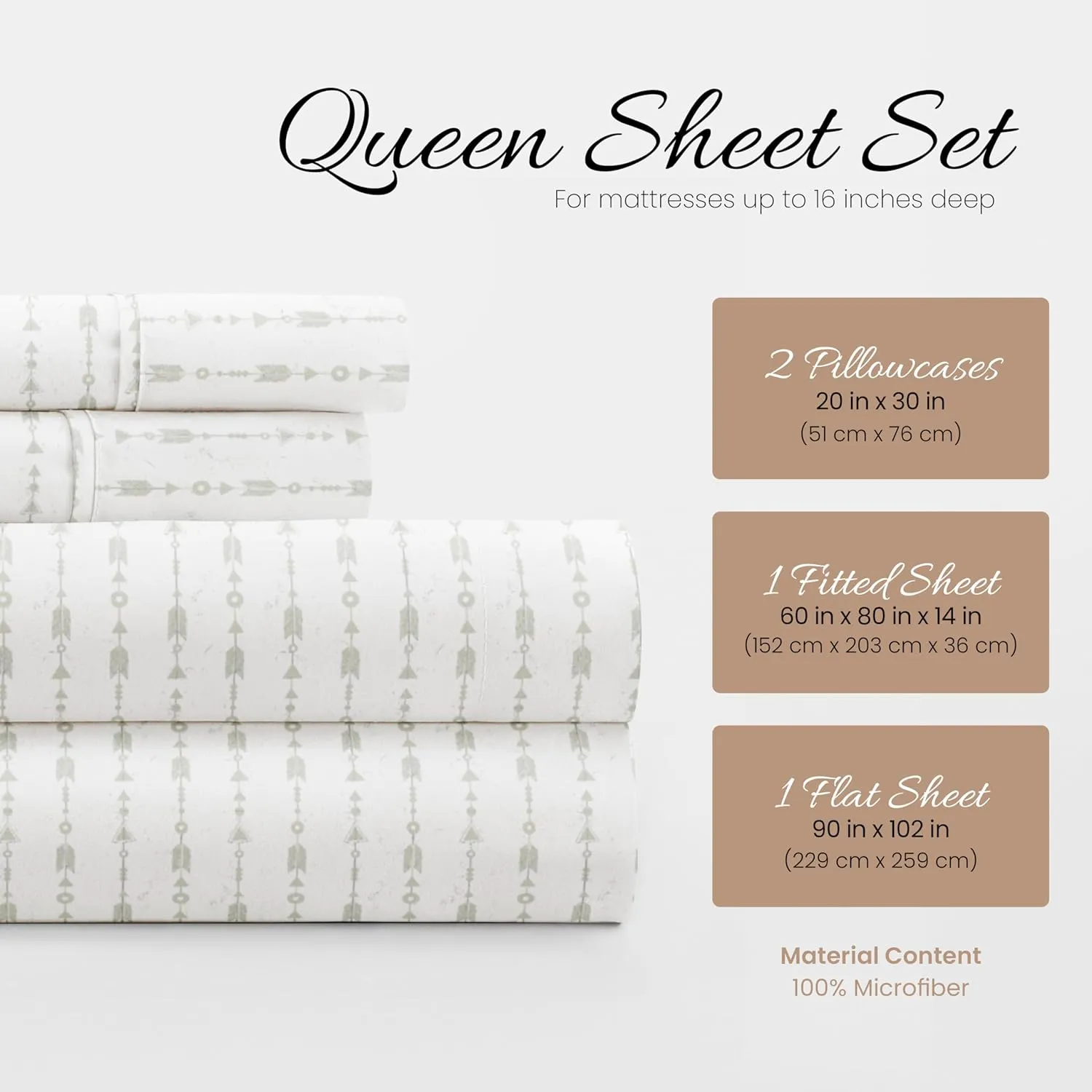 Linen Market Double-Brushed Patterned Microfiber Queen Sheet Set 4 Piece – Oeko-TEX Certified Ultra Soft & Wrinkle-Free - 16" Deep Pocket Sheets - Easy Care Queen Size - Beaded Arrows Light Gray