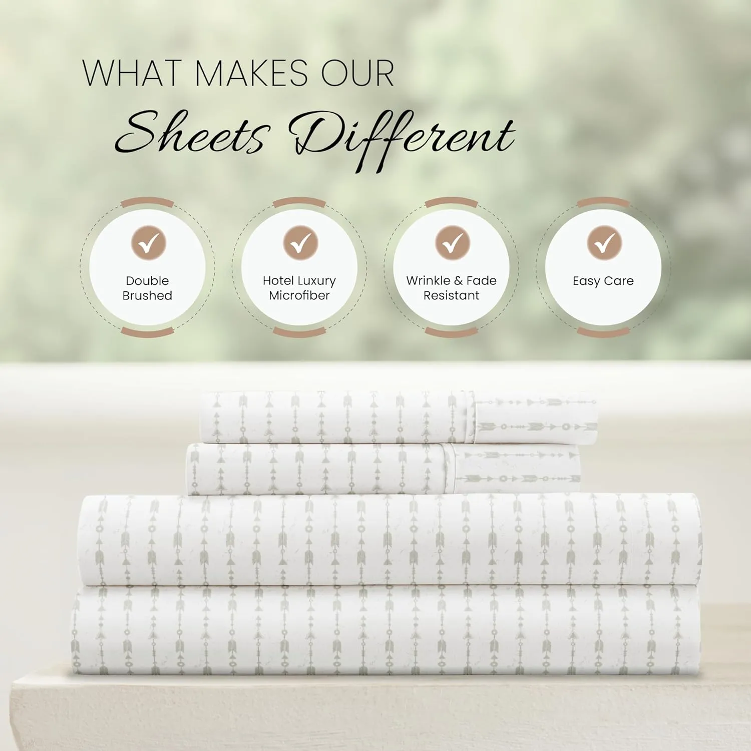 Linen Market Double-Brushed Patterned Microfiber Queen Sheet Set 4 Piece – Oeko-TEX Certified Ultra Soft & Wrinkle-Free - 16" Deep Pocket Sheets - Easy Care Queen Size - Beaded Arrows Light Gray