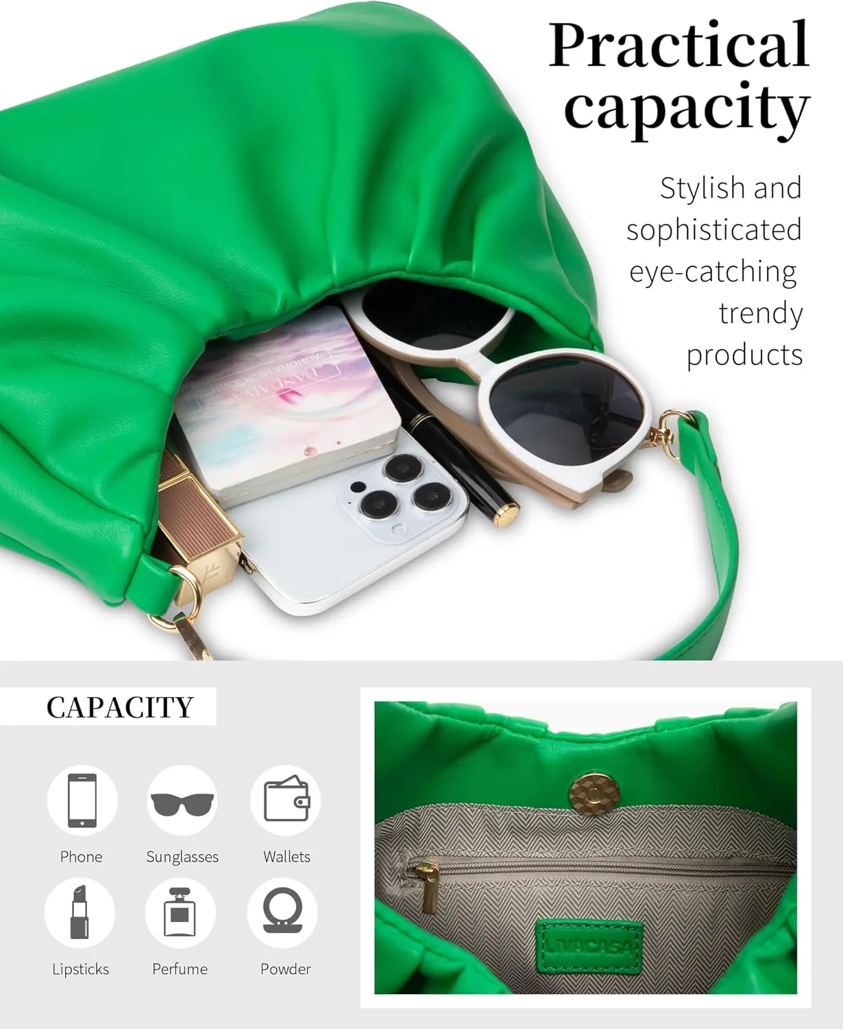 LIVACASA Shoulder Bags for Women, Cute Soft Small Clutch Purses,PU Leather Hobo Crossbody Tote Dumpling Bags with Pockets