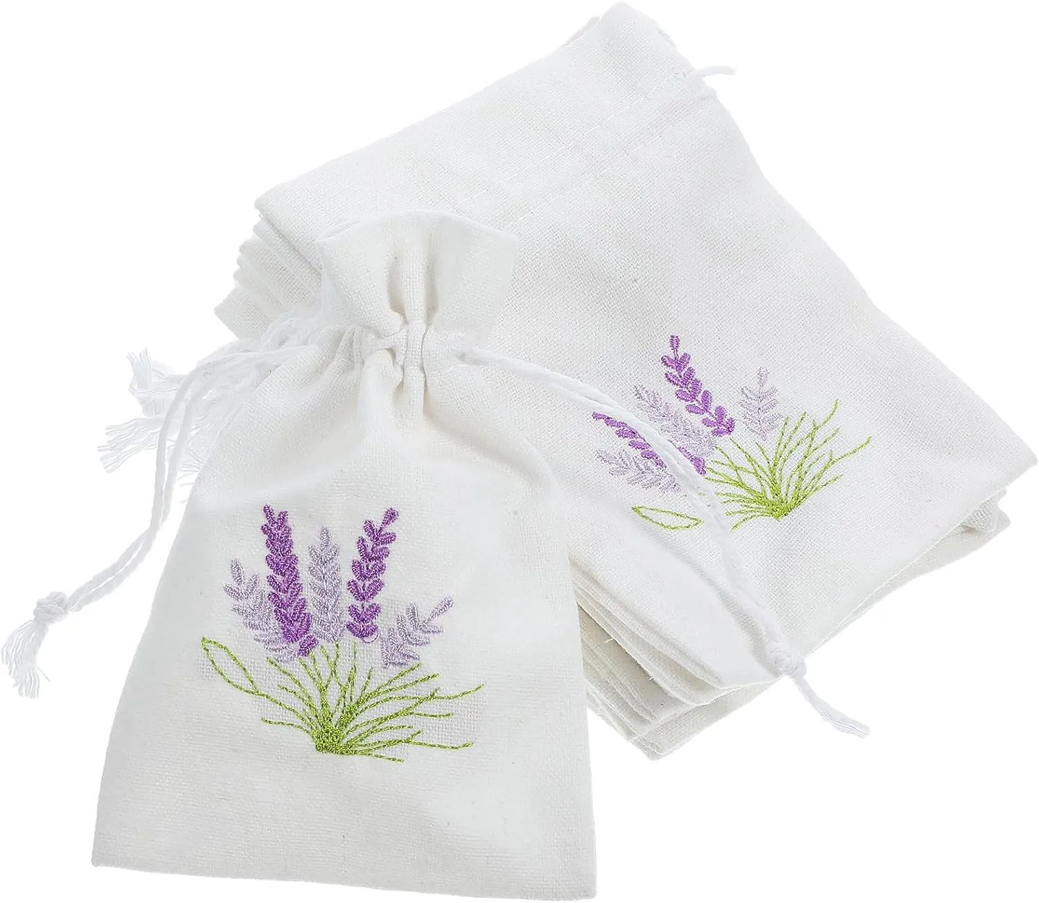 LOGOFUN 10pcs Sachet Storage Bags Small Burlap Drawstring Pouch Sachet Empty Bags with Lavender Pattern for DIY Wedding Party Supplies - 10 * 14CM White