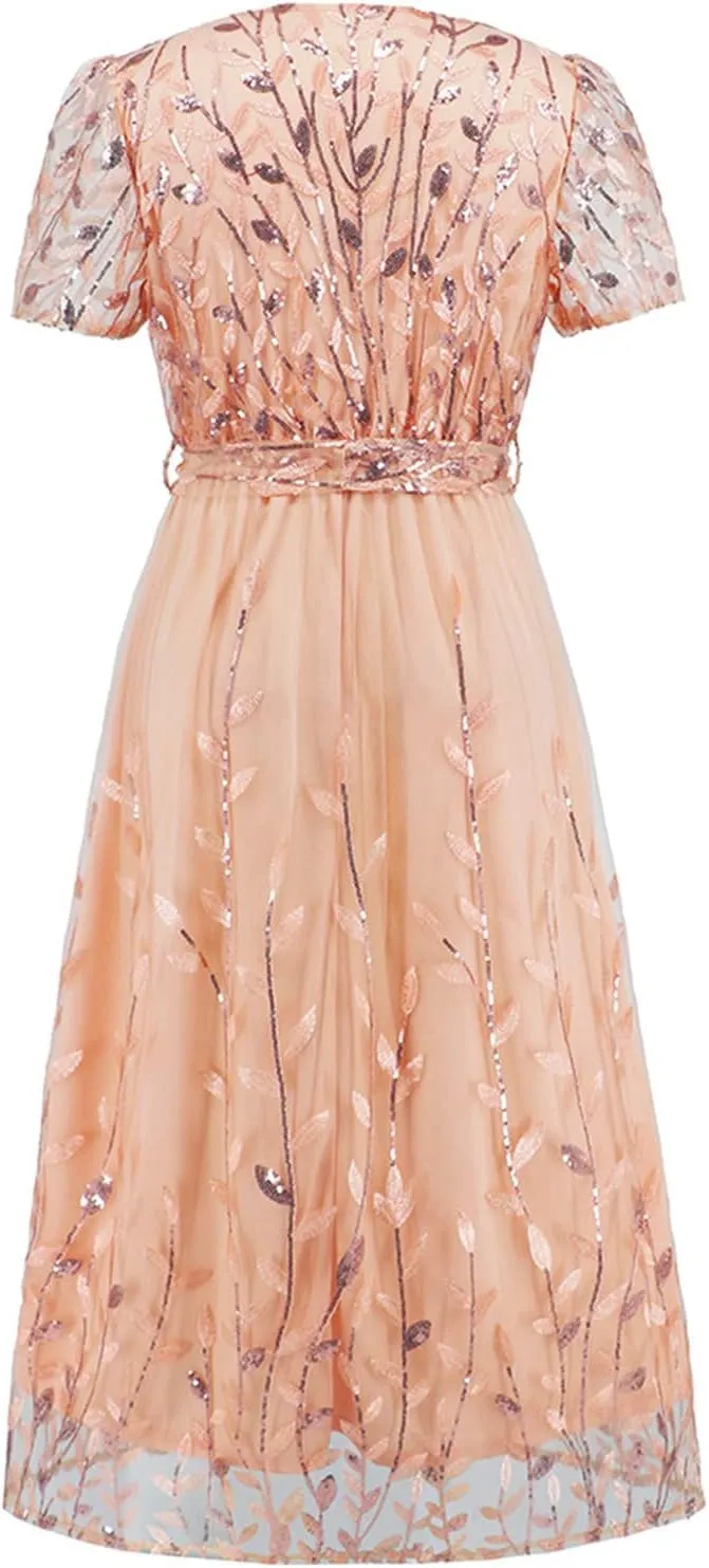 Long Dresses for Women Wedding Guest Embroidered Tie Waist Ankle Length Dresses Tulle Short Sleeve Maxi Dresses