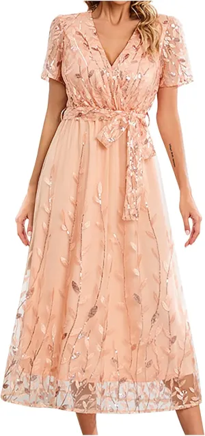 Long Dresses for Women Wedding Guest Embroidered Tie Waist Ankle Length Dresses Tulle Short Sleeve Maxi Dresses