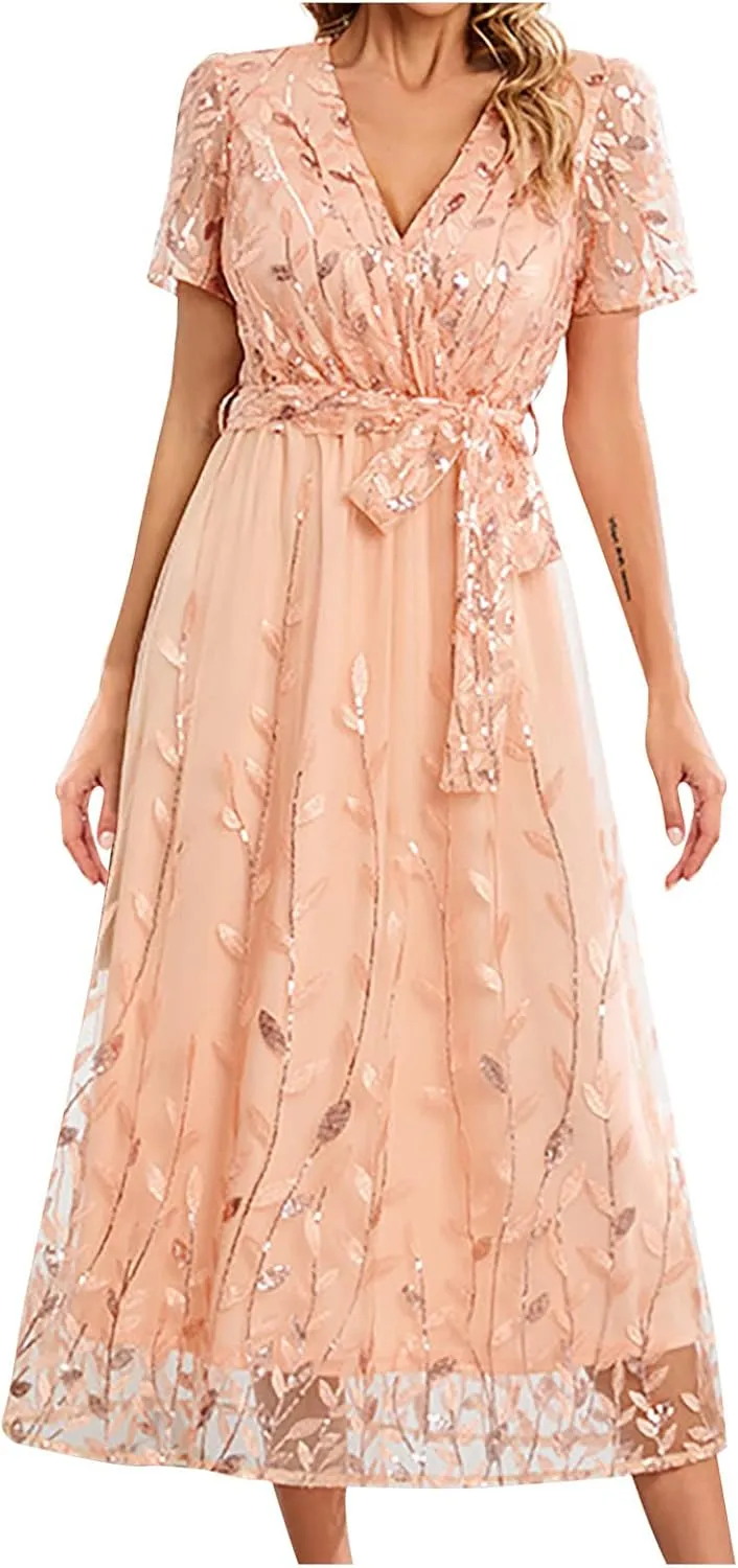 Long Dresses for Women Wedding Guest Embroidered Tie Waist Ankle Length Dresses Tulle Short Sleeve Maxi Dresses