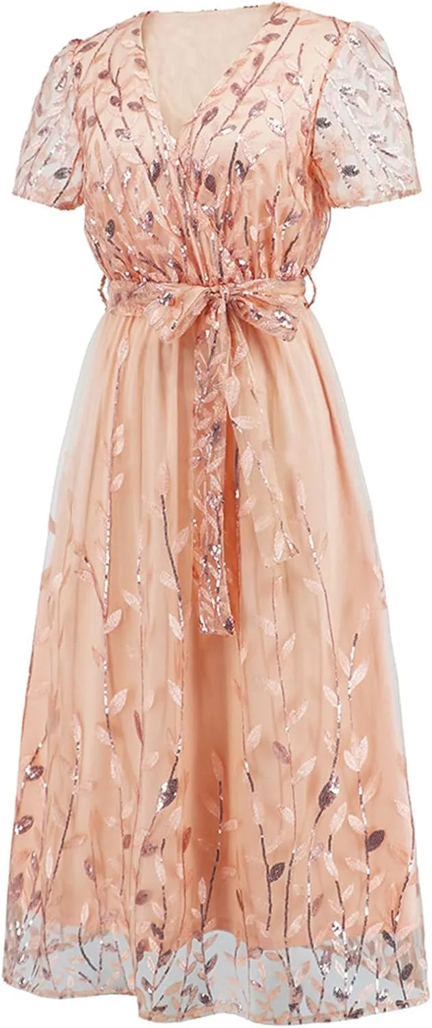 Long Dresses for Women Wedding Guest Embroidered Tie Waist Ankle Length Dresses Tulle Short Sleeve Maxi Dresses