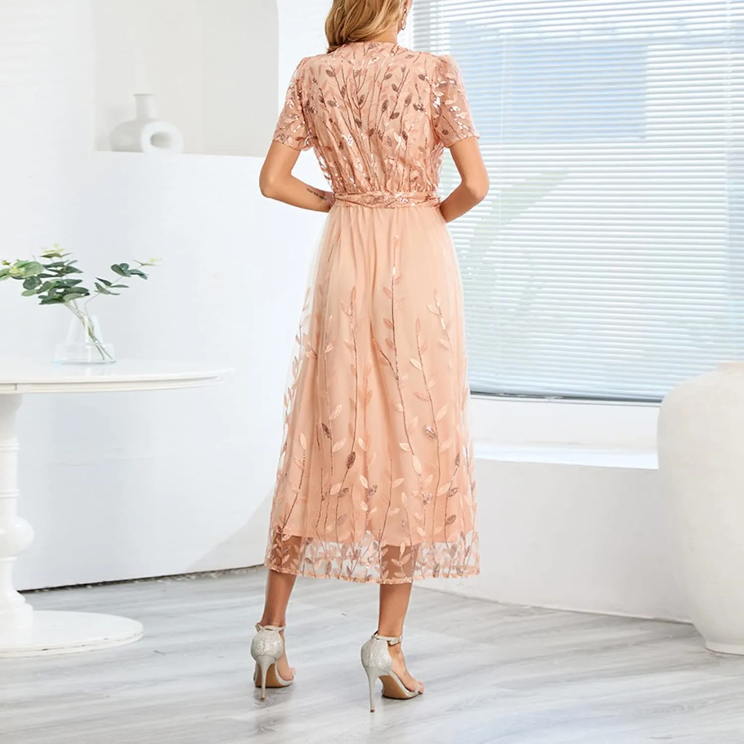 Long Dresses for Women Wedding Guest Embroidered Tie Waist Ankle Length Dresses Tulle Short Sleeve Maxi Dresses