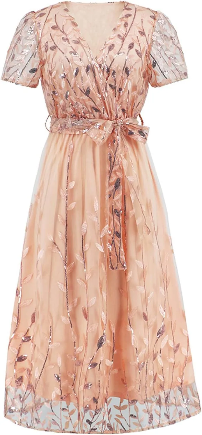 Long Dresses for Women Wedding Guest Embroidered Tie Waist Ankle Length Dresses Tulle Short Sleeve Maxi Dresses