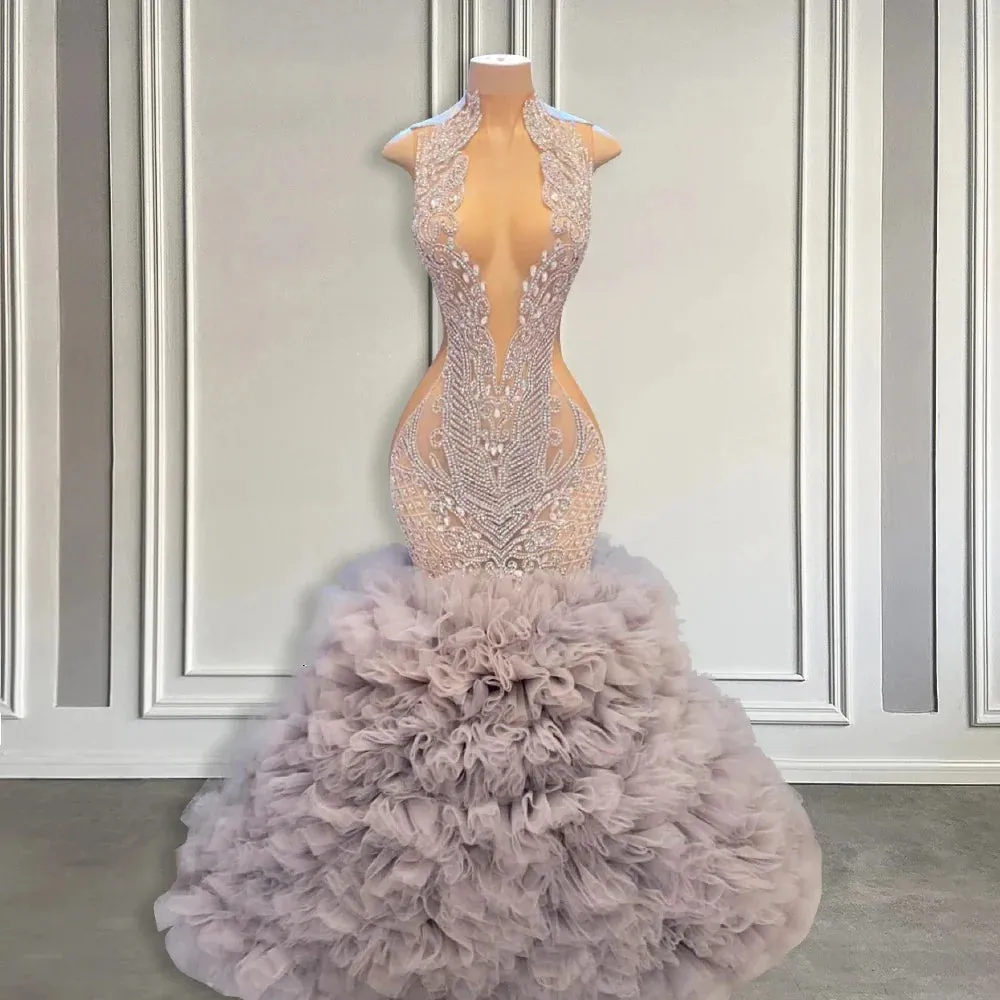 Long Prom Dress For Black Girls Mermaid Sequined Beaded Crystals Birthday Party Dresses Evening Gown Customized