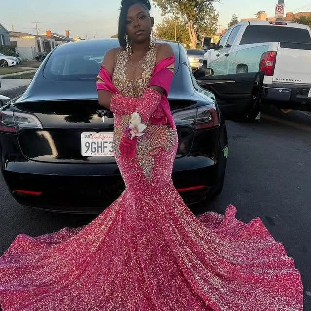 Long Prom Dress For Black Girls Mermaid Sequined Beaded Crystals Birthday Party Dresses Evening Gown Customized